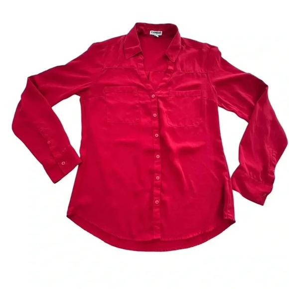 Express Women's Shirt Portofino Button Up Red V-Neck Long Sleeve Blouse Small - Picture 4 of 9